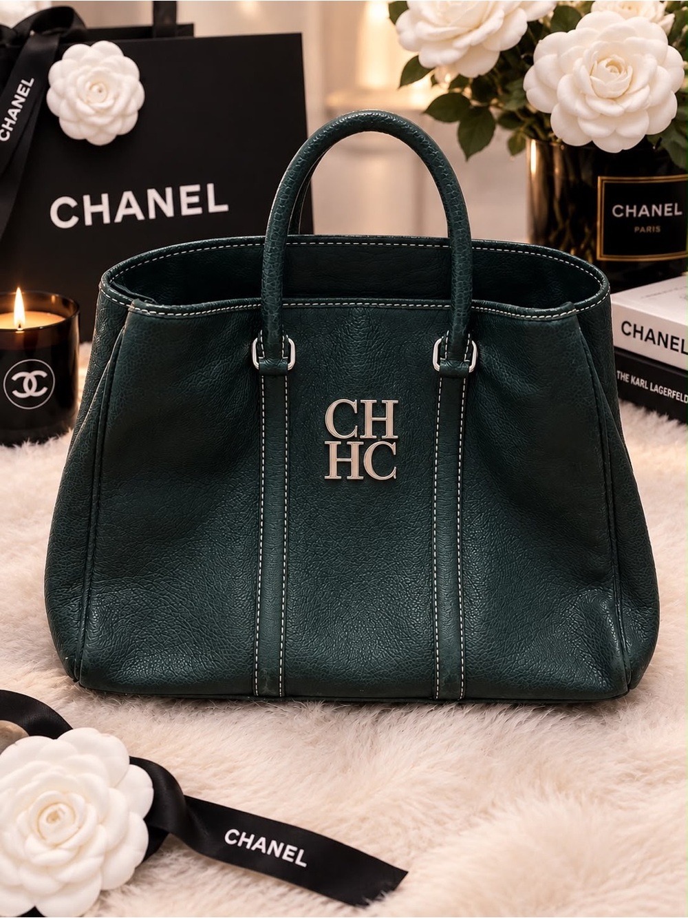 Carolina Herrera Dark Green Leather Tote with Silver CHHC Logo